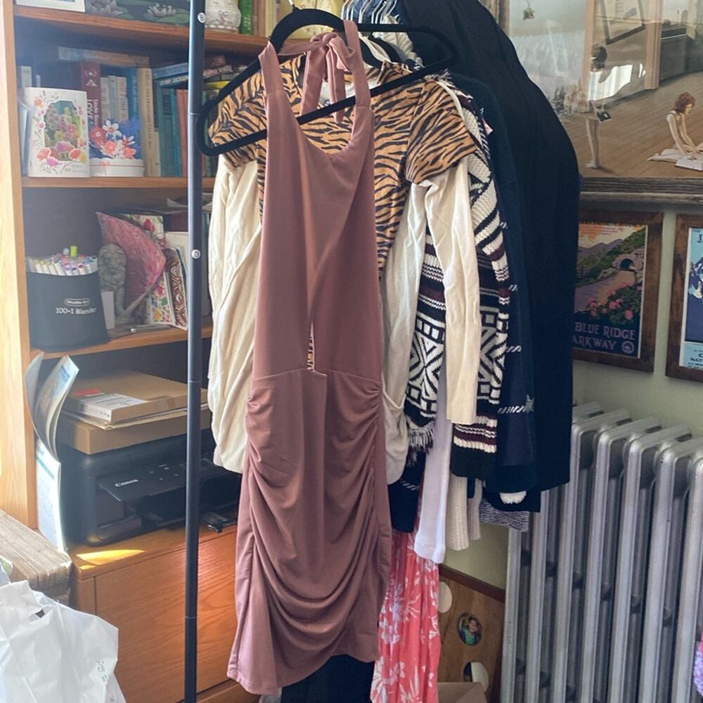 SHEIN ruched backless halter dress